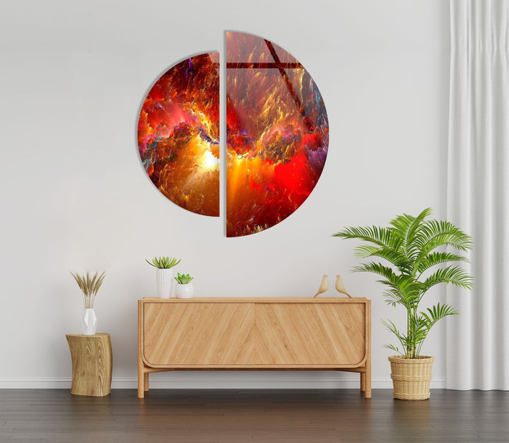 Two Piece Round Red Abstract Glass Wall Art glass art painting, glass art for the Wall
