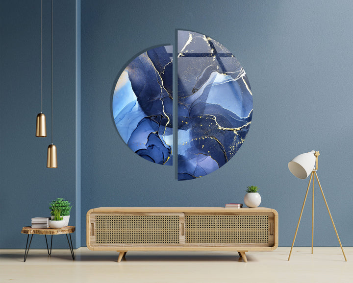 2 Piece Circular Dark Blue Marble Glass Wall Art photo print on glass, prints on glass wall art
