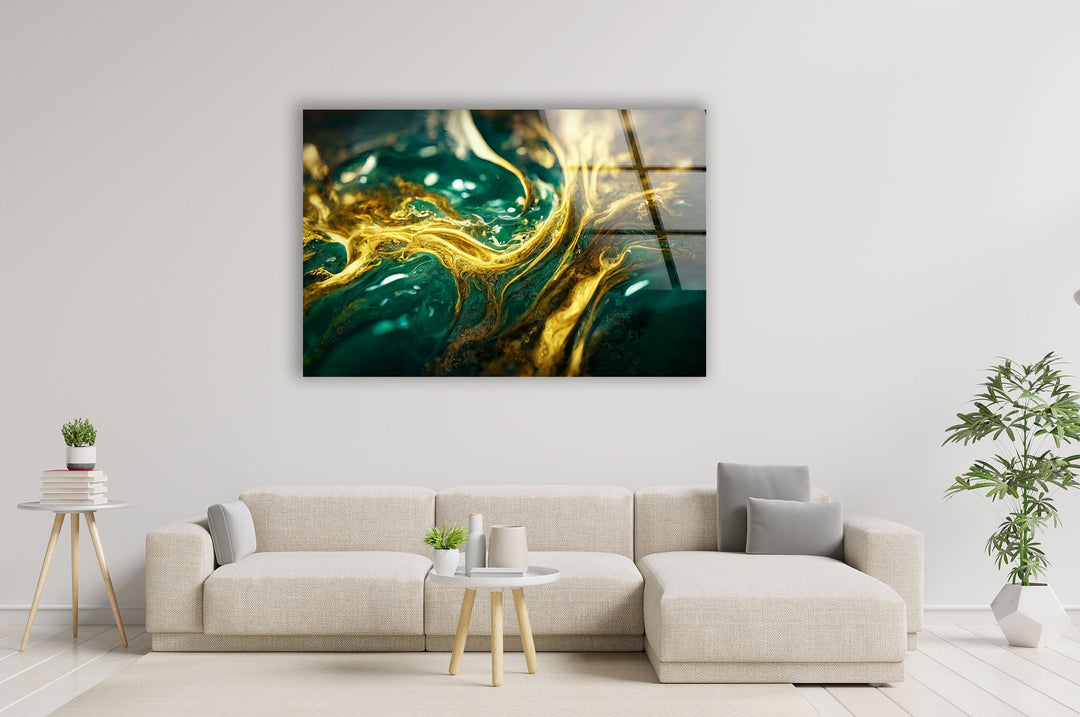 green and gold alcohol ink glass wall art