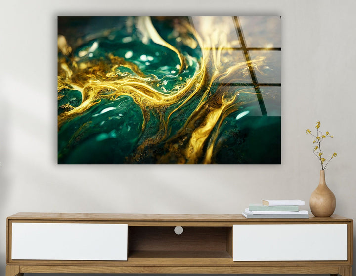 Green and Gold Marbling Glass Wall Art