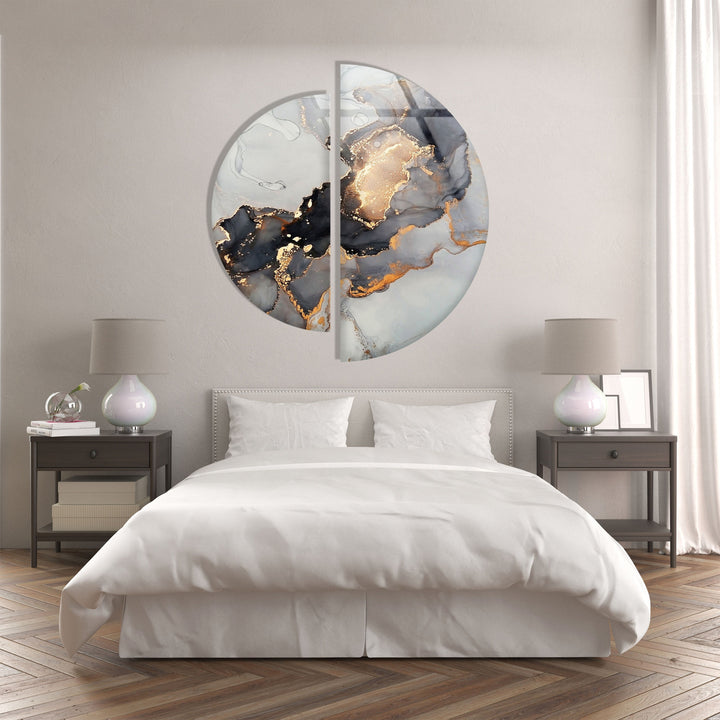 2 Piece Grey Golden Marble Glass Wall Art large glass photo prints, glass wall photos
