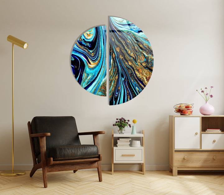 Two Pieces Round Abstract Blue and Gold Glass Wall Art Glass Printing Wall Art, Print photos on glass
