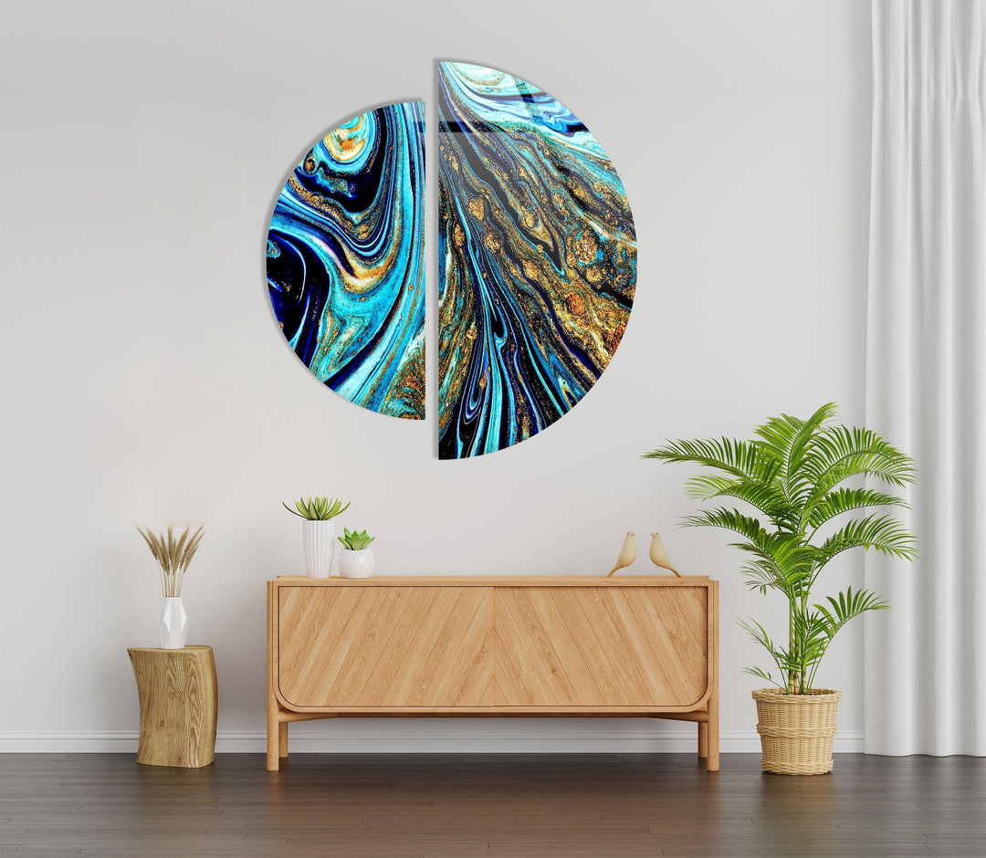 Two Pieces Round Abstract Blue and Gold Glass Wall Art art glass wall art, glass wall art pictures
