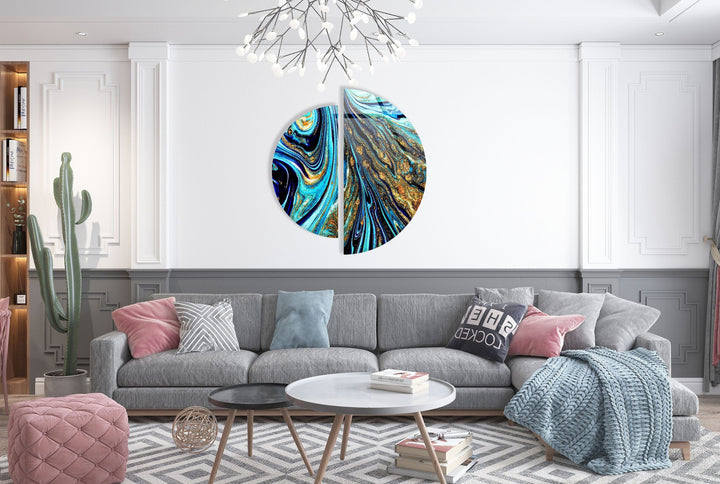 Two Pieces Round Abstract Blue and Gold Glass Wall Art glass image printing, glass prints from photos
