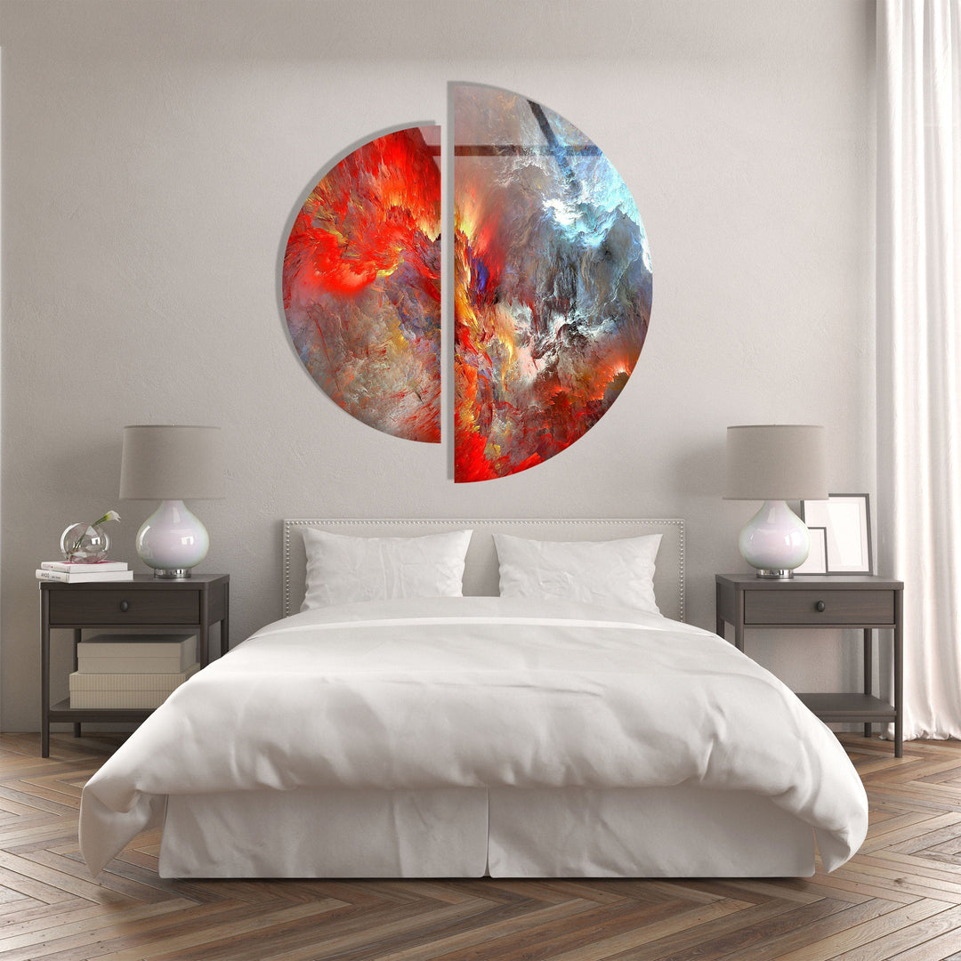 Set of 2 Pieces Red Abstract Art Glass Wall Art glass pictures for Wall, glass prints wall art
