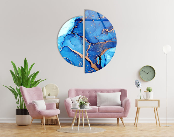 Circular Gold Details Blue Marble Glass Wall Art photo print on glass, prints on glass wall art
