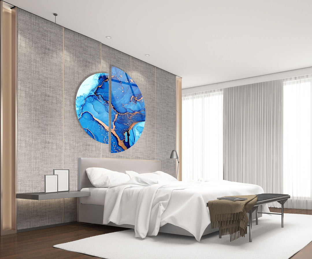 Circular Gold Details Blue Marble Glass Wall Art custom glass pictures, glass art prints
