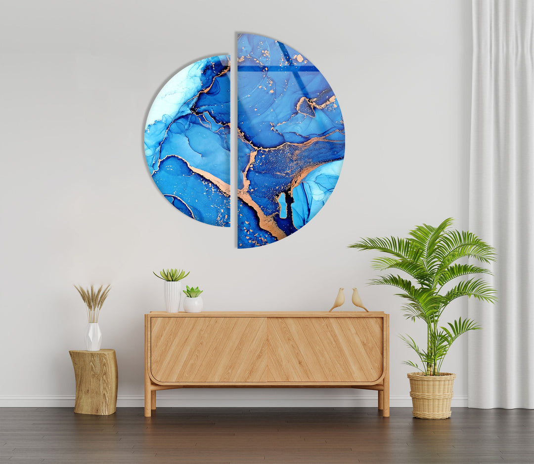 Circular Gold Details Blue Marble Glass Wall Art glass photo prints, glass picture prints
