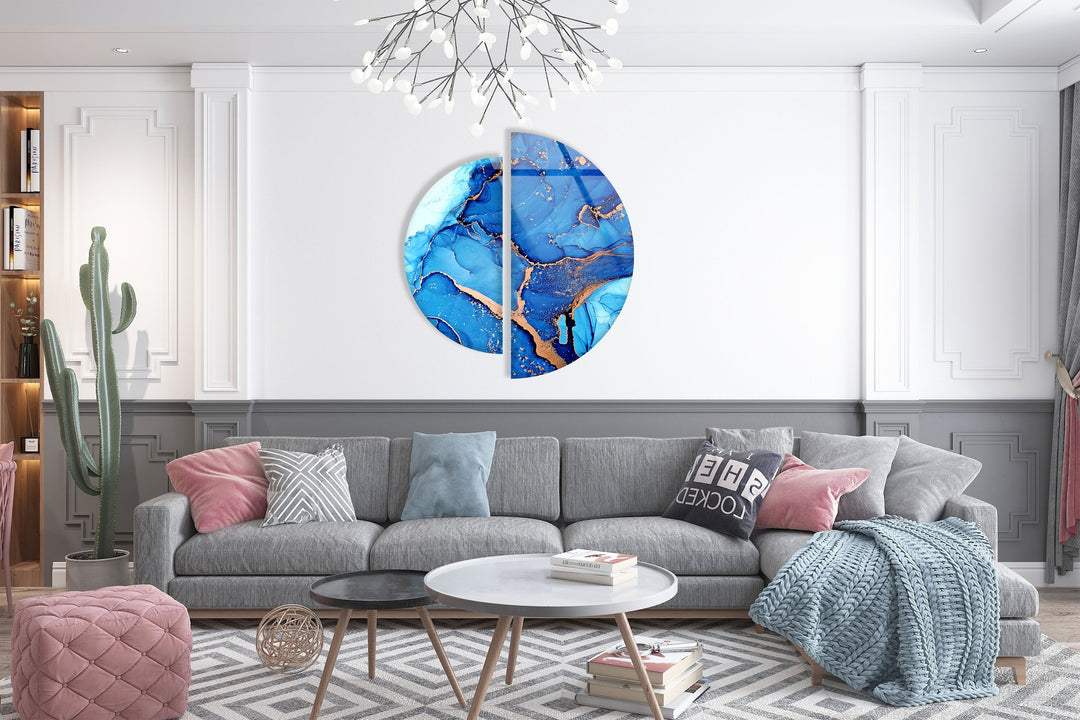 Circular Gold Details Blue Marble Glass Wall Art glass pictures for Wall, glass prints wall art
