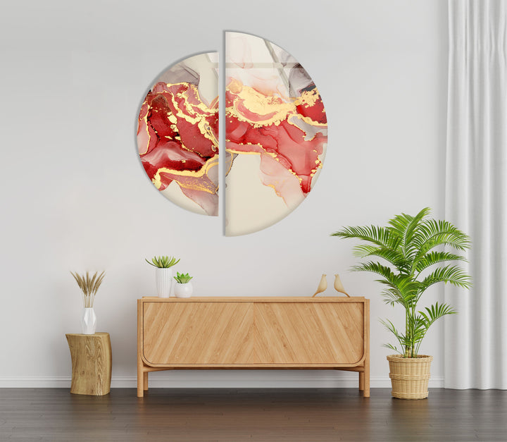 2 Piece Half Circle Red Alcohol ink Glass Wall Art glass photo prints, glass picture prints
