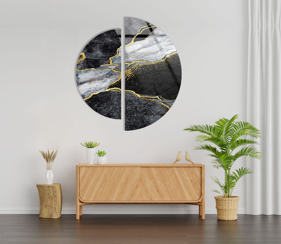 2 Piece Black & Gold Marble Glass Wall Art custom glass photo prints, large glass prints
