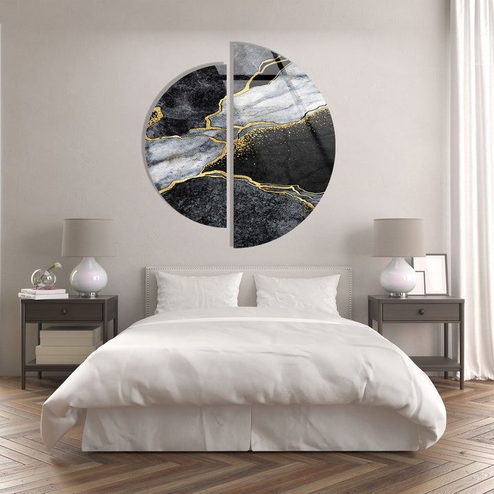 2 Piece Black & Gold Marble Glass Wall Art custom glass pictures, glass art prints
