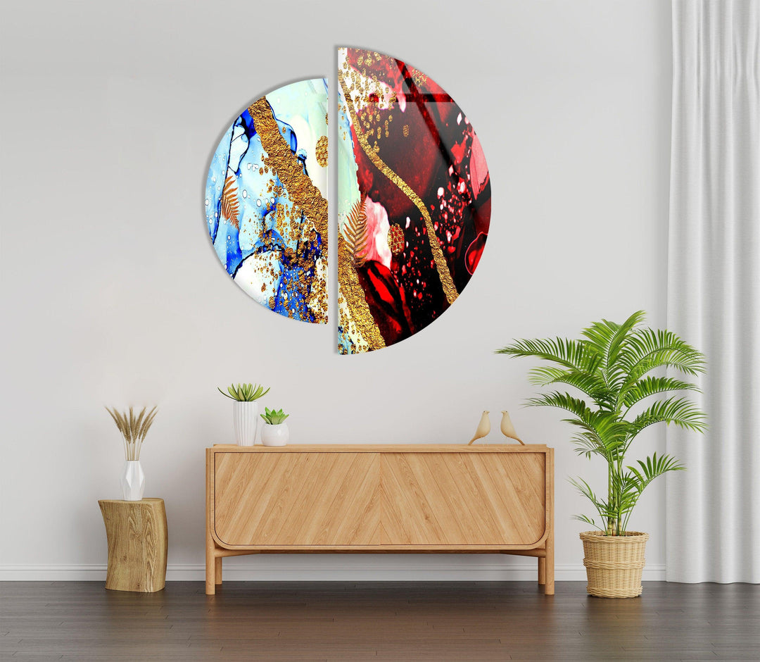 Two Pieces Round Red and Blue Abstract Glass Wall Art print on glass, glass printed photos
