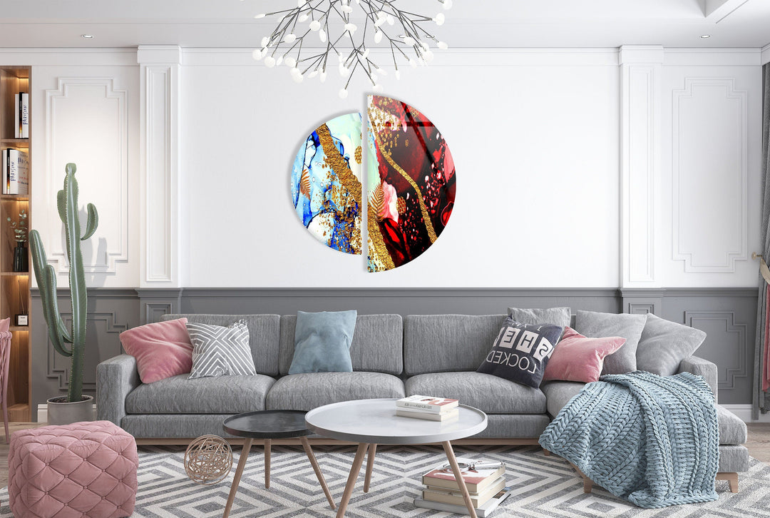 Two Pieces Round Red and Blue Abstract Glass Wall Art custom glass photo prints, large glass prints
