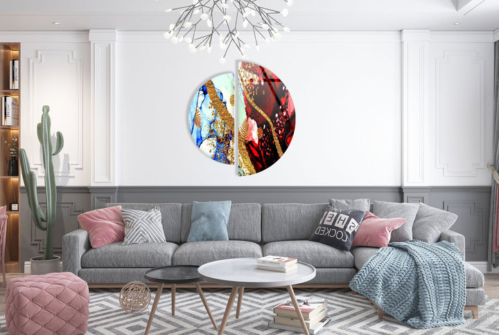 Two Pieces Round Red and Blue Abstract Glass Wall Art custom glass photo prints, large glass prints
