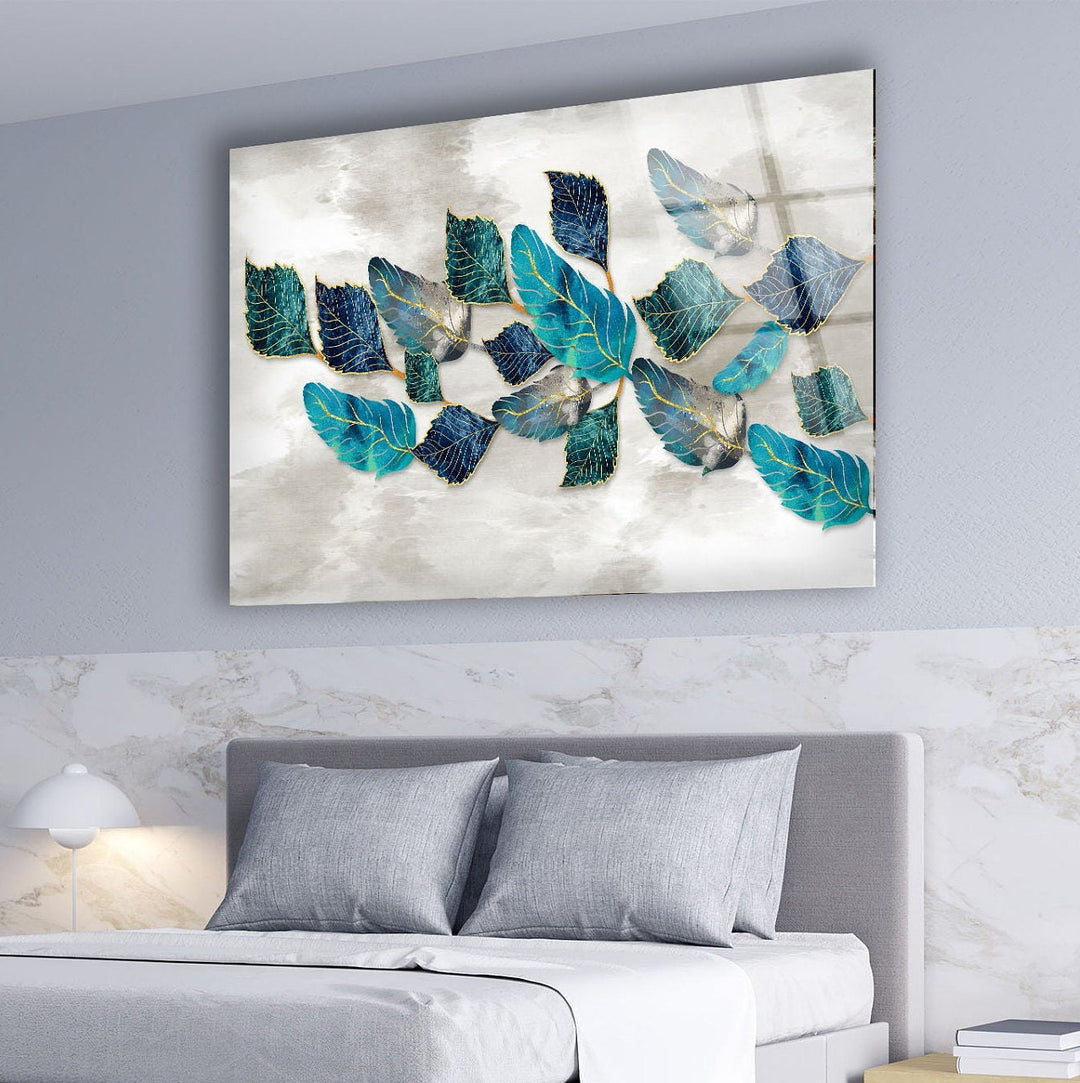 Blueish Golden Leaves Glass Wall Art, glass photo prints, glass picture prints