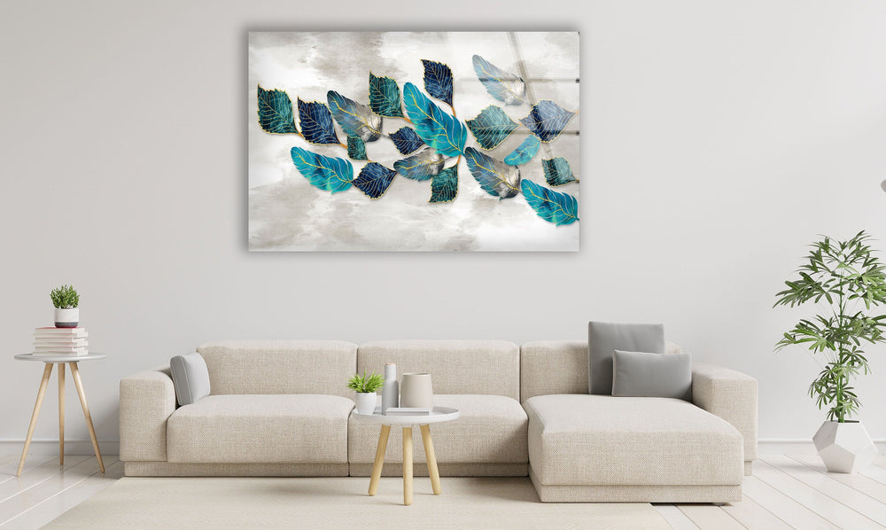 Blueish Golden Leaves Glass Wall Art, picture on glass wall art, photos printed on glass