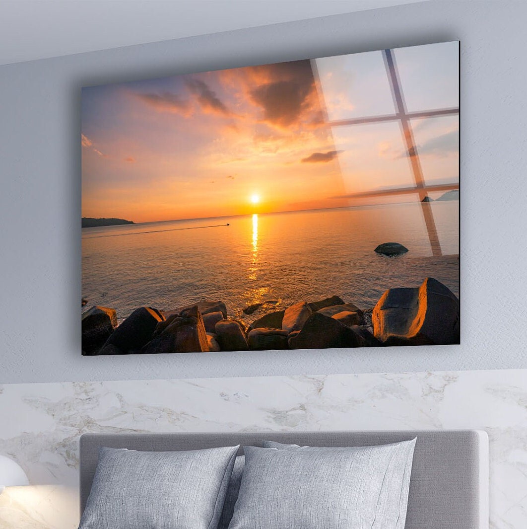 Sunset Rocks Sea Glass Wall Art Glass Printing Wall Art, Print photos on glass