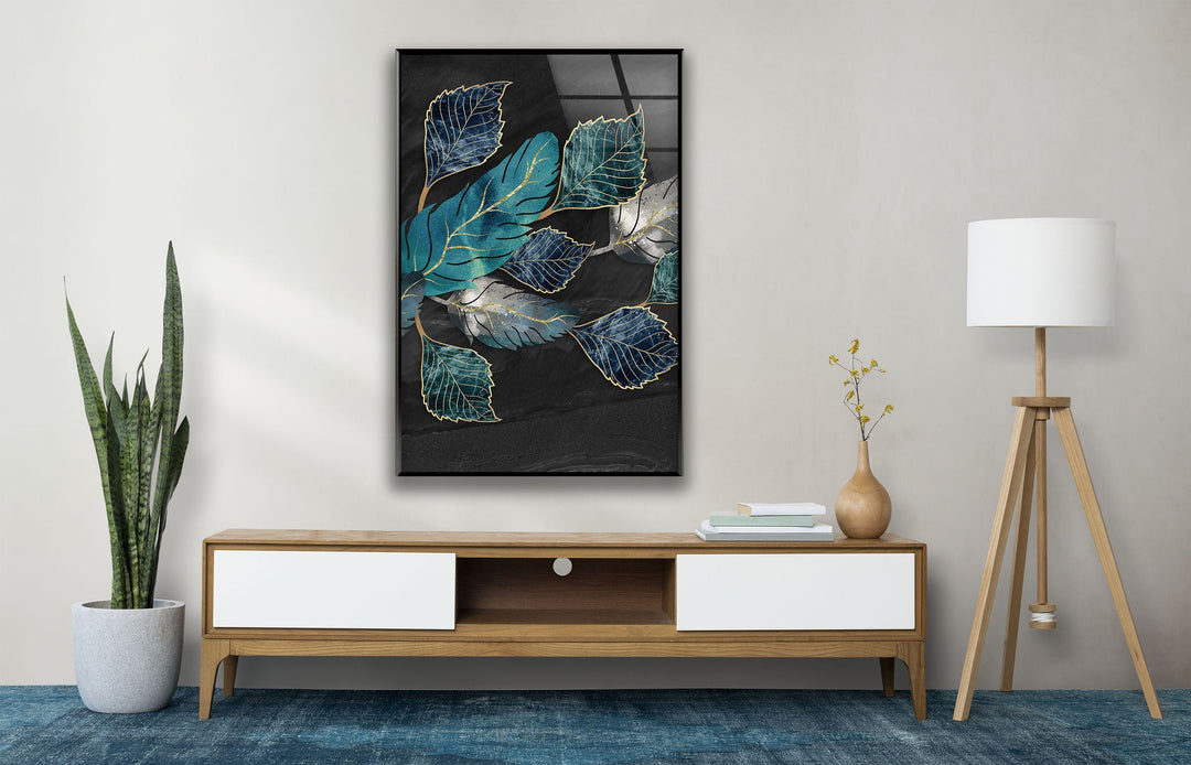 Blue-Turquoise And Golden Lines Leaves Glass Wall Art, Glass Printing Wall Art, Print photos on glass