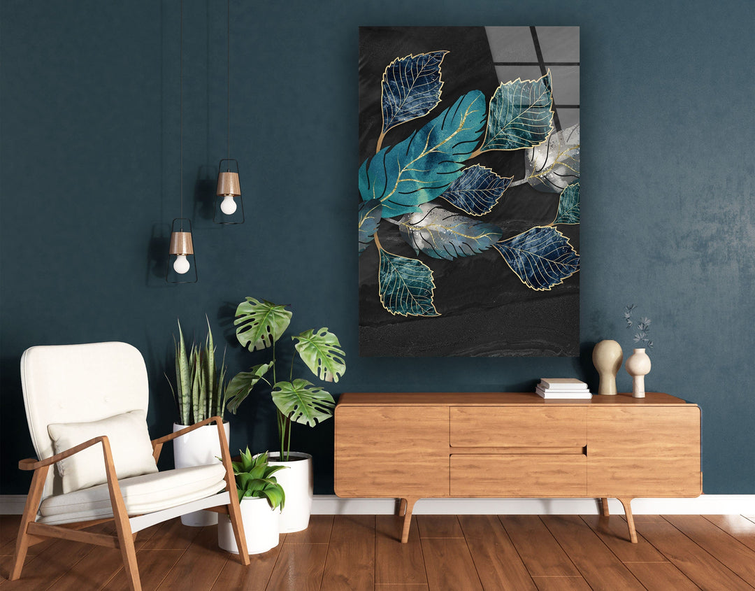 Blue-Turquoise And Golden Lines Leaves Glass Wall Art, glass photo prints, glass picture prints