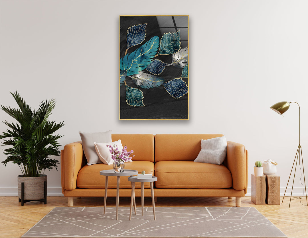 Blue-Turquoise And Golden Lines Leaves Glass Wall Art, glass image printing, glass prints from photos