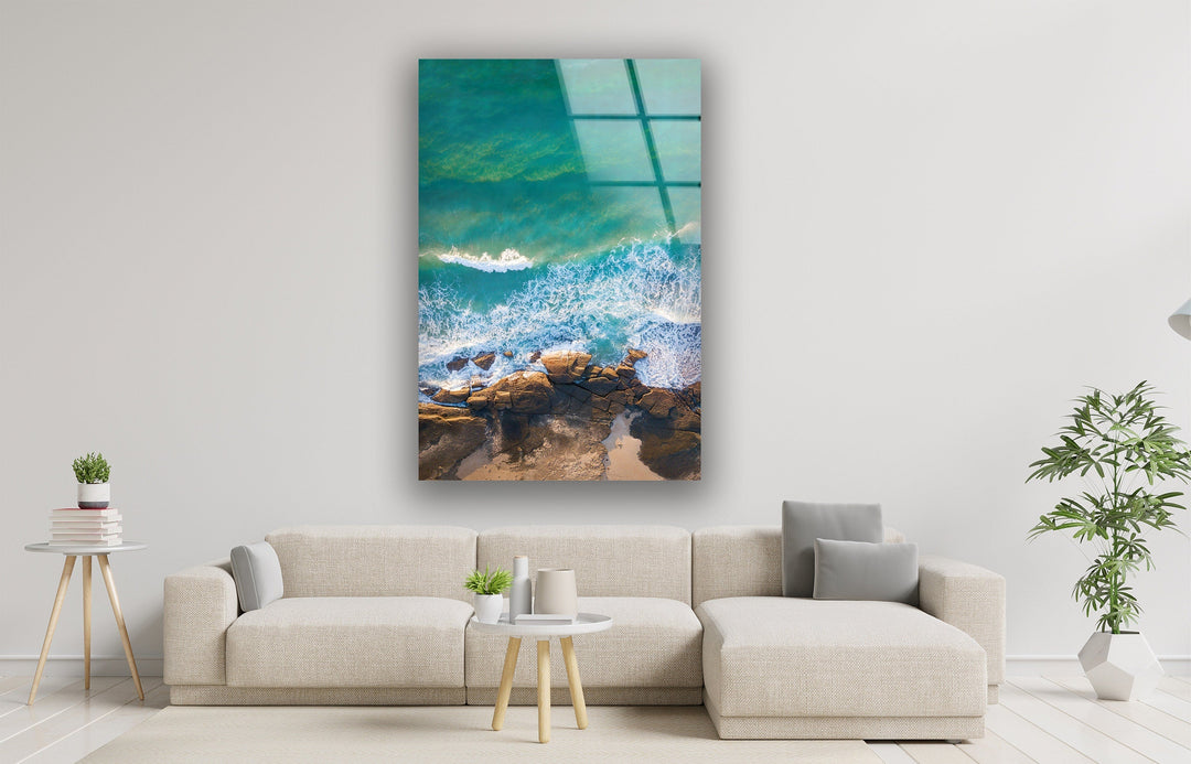 Blue Water With Some Rocks Glass Wall Art picture on glass wall art, photos printed on glass