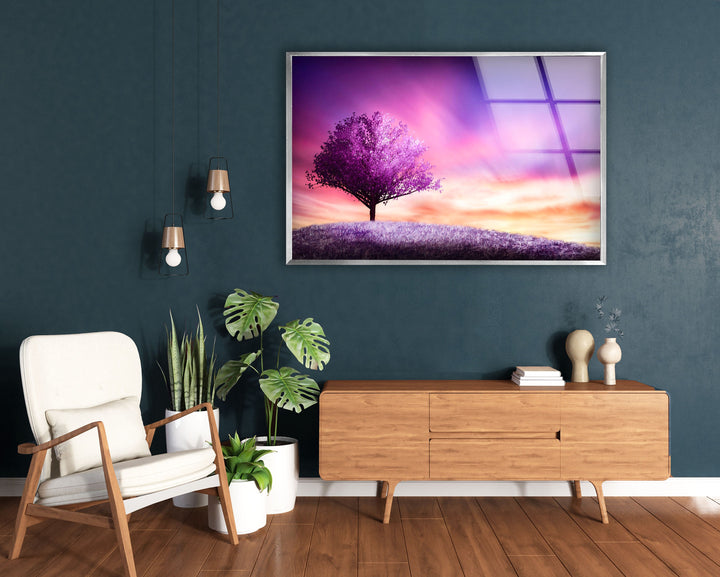 Purple Tree Landscape Glass Wall Art picture on glass wall art, photos printed on glass