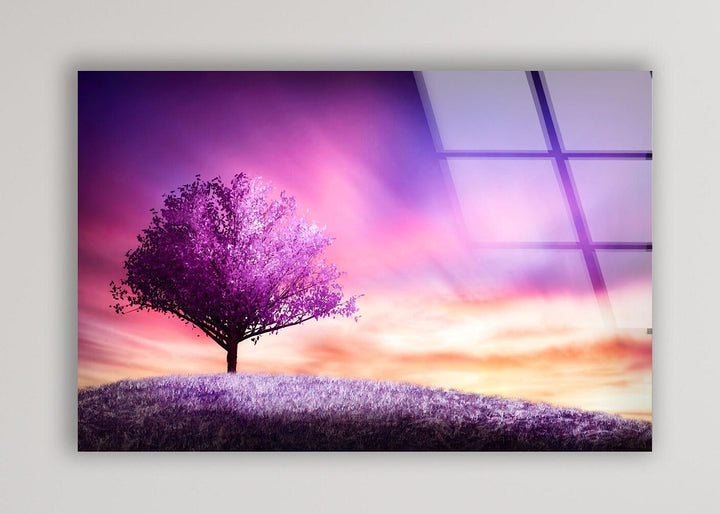 Purple Tree Landscape Glass Wall Art glass wall decor, glass wall art decor