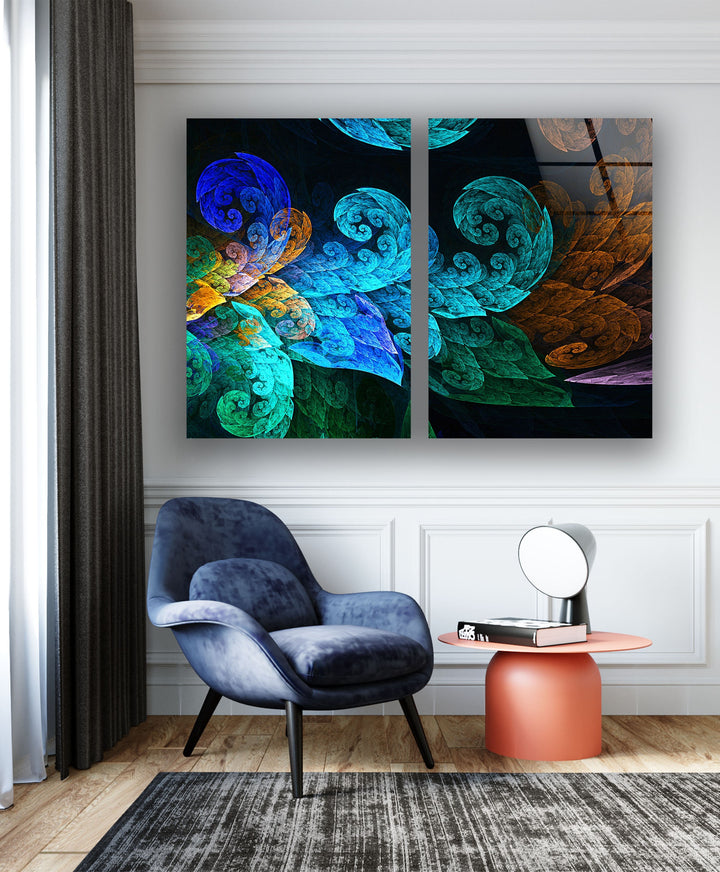 Blue Fractal Leaves Abstract Glass Wall Art, print on glass, glass printed photos