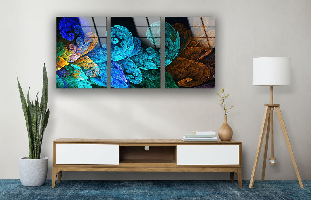 Blue Fractal Leaves Abstract Glass Wall Art, glass wall decor, glass wall art decor