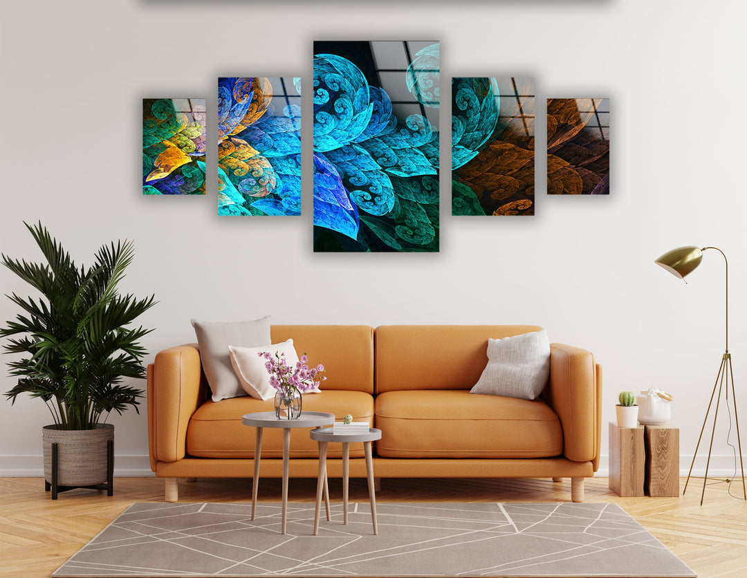 Blue Fractal Leaves Abstract Glass Wall Art, art glass wall art, glass wall art pictures