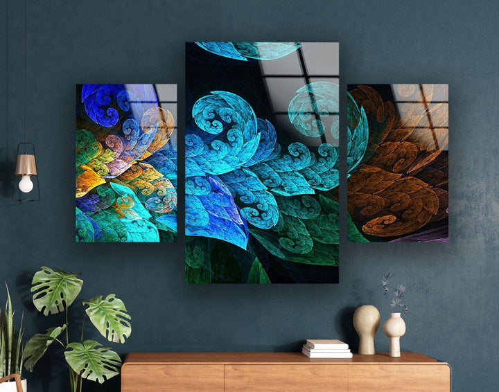 Blue Fractal Leaves Abstract Glass Wall Art, custom glass photo prints, large glass prints