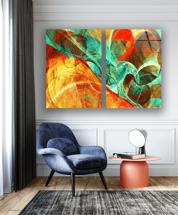 Orange & Green Abstract Glass Wall Art, custom glass pictures, glass art prints