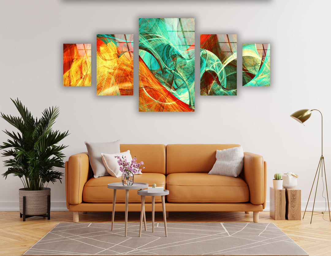 Orange & Green Abstract Glass Wall Art, picture on glass wall art, photos printed on glass