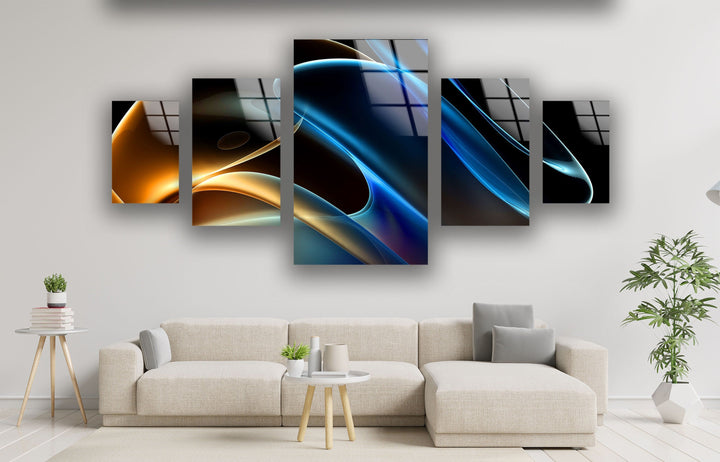 Yellow, Blue Lines Abstract Glass Wall Art, glass pictures for Wall, glass prints wall art