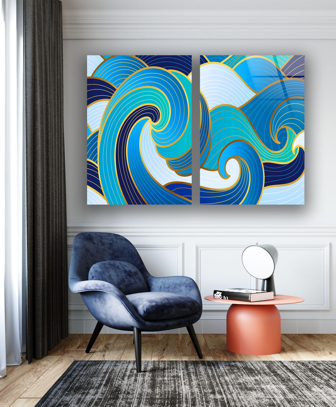 Blue Waves Abstract Glass Wall Art, print on glass, glass printed photos