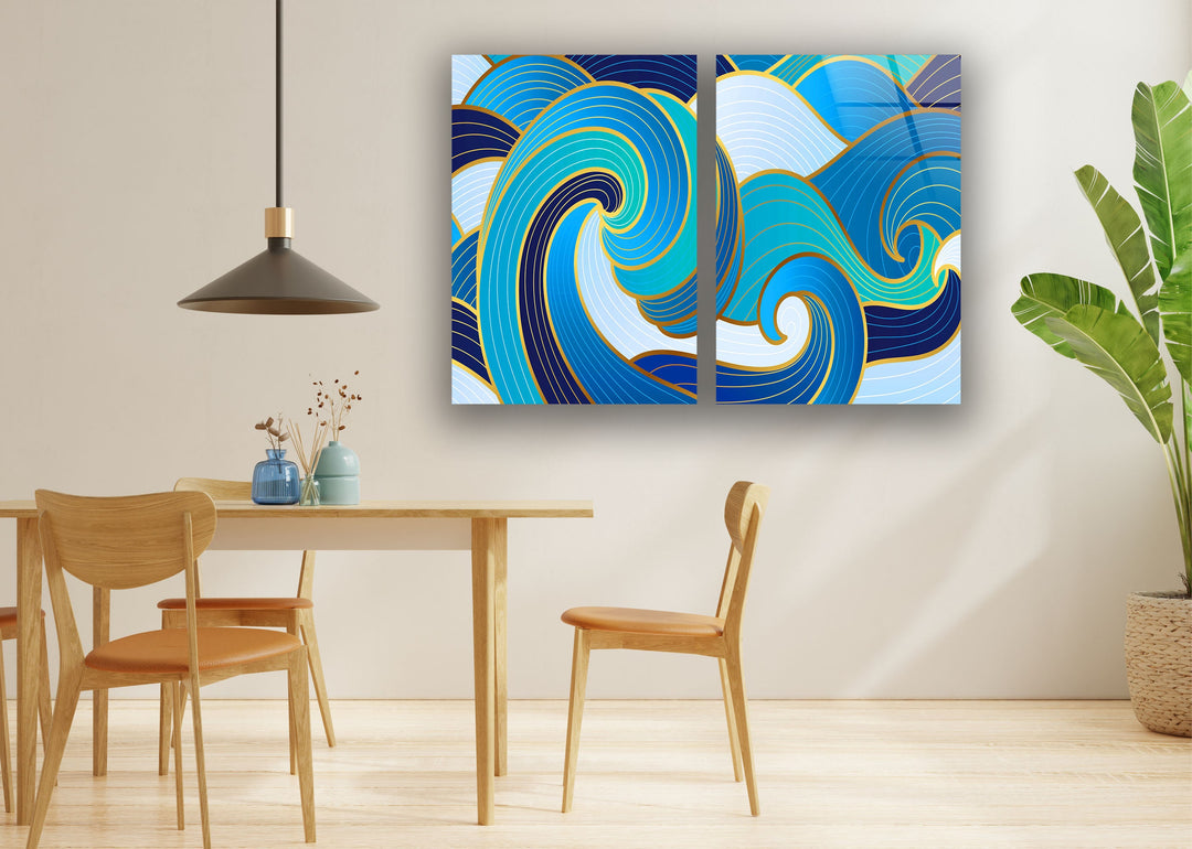 Blue Waves Abstract Glass Wall Art, print picture on glass, Tempered Glass Wall Art