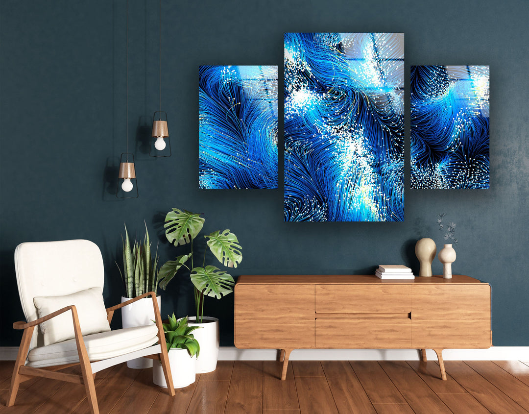 Blue Flowing Lines Abstract Glass Wall Art, print on glass, glass printed photos