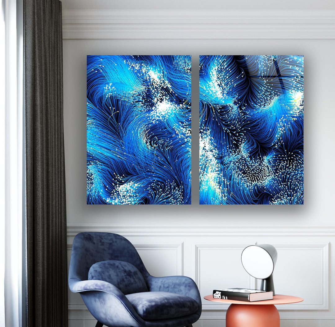 Blue Flowing Lines Abstract Glass Wall Art, picture on glass wall art, photos printed on glass