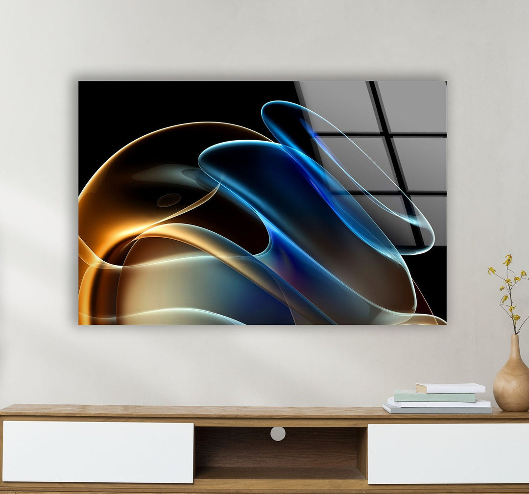 Blue Neon Wave Abstract Glass Wall Art, stained glass wall art, stained glass wall decor