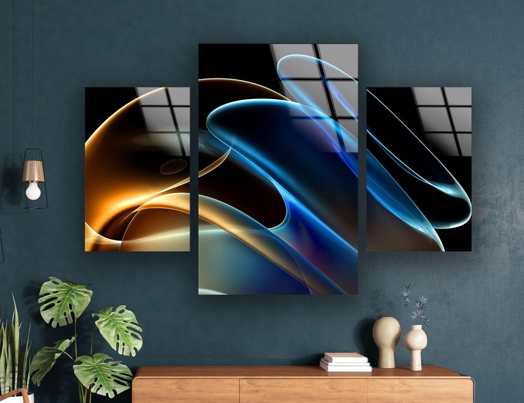 Yellow, Blue Lines Abstract Glass Wall Art, glass art painting, glass art for the Wall