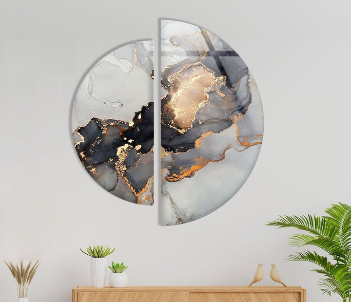 2 Piece Grey Golden Marble Glass Wall Art photo print on glass, prints on glass wall art
