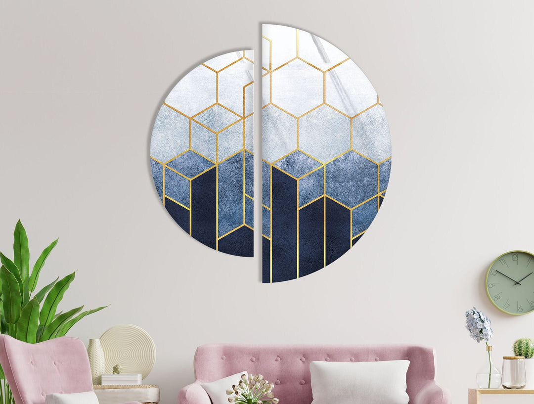 2 Piece Half Circle Abstract Hexagon Glass Wall Art stained glass wall art, stained glass wall decor
