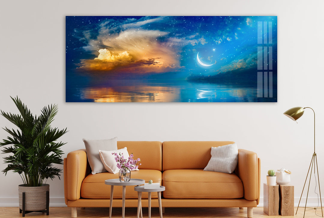 Starry Moon Sky Night Seascape Glass Wall Art, large glass photo prints, glass wall photos