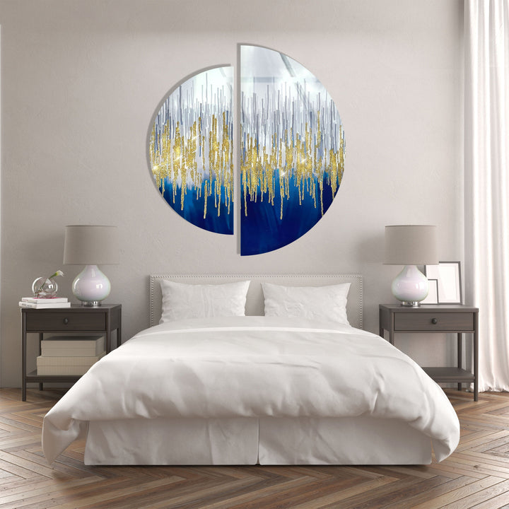 2 Piece Gold & Blue Abstract Glass Wall Art picture on glass wall art, photos printed on glass
