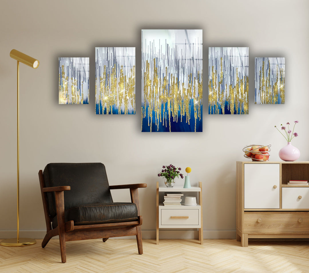 Blue & Gold Sparkles Glass Wall Art, picture on glass wall art, photos printed on glass