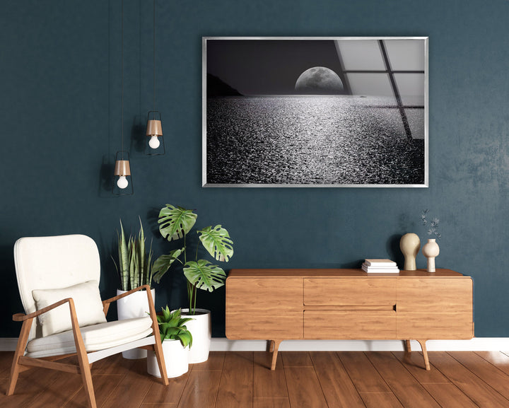 Black & White Moon Ocean Glass Wall Art Glass Printing Wall Art, Print photos on glass