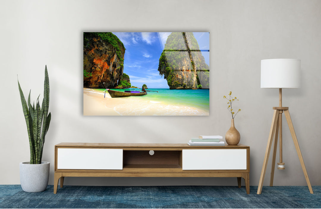 Tropical Beach Limestone Rock Glass Wall Art print on glass, glass printed photos