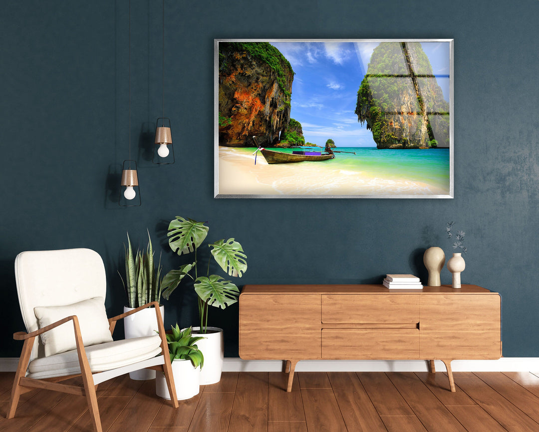 Tropical Beach Limestone Rock Glass Wall Art photo print on glass, prints on glass wall art