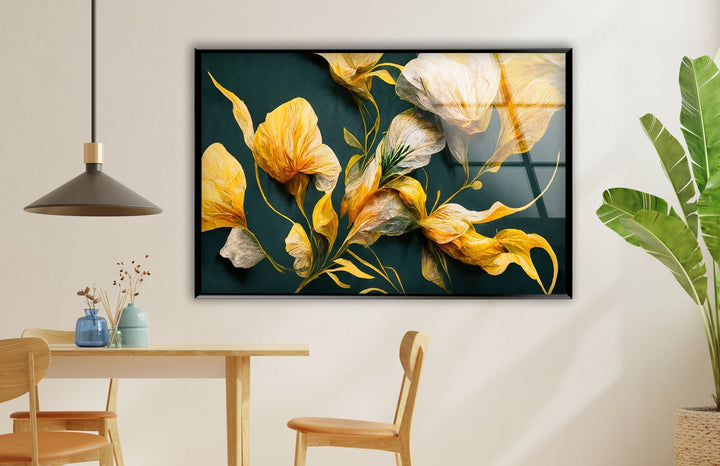 Golden Buds And Green Leaves Glass Wall Art, glass image printing, glass prints from photos